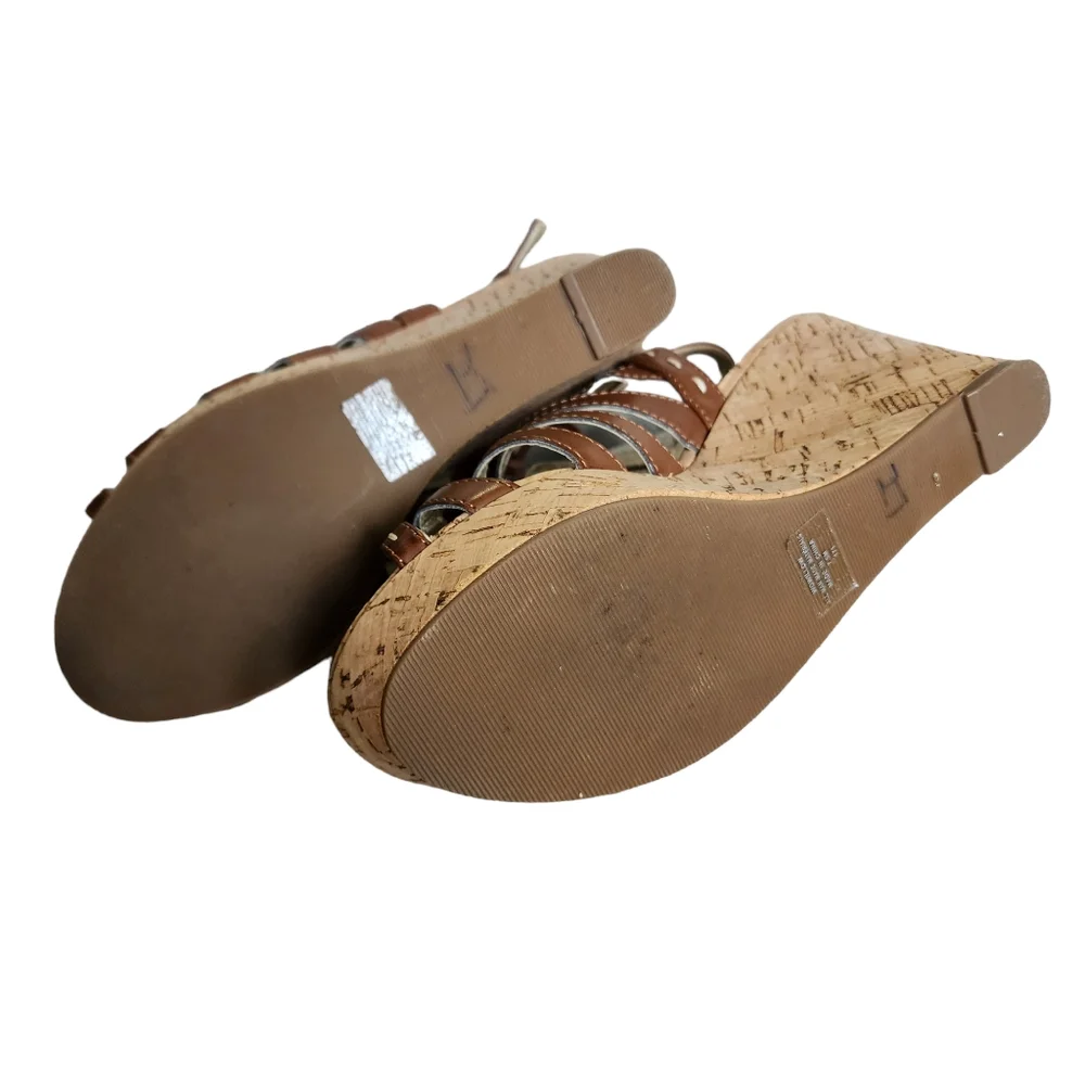 Guess Brown Gladiator Lace Up Cut Out Slingback Platform Wedge Heels size 7.5